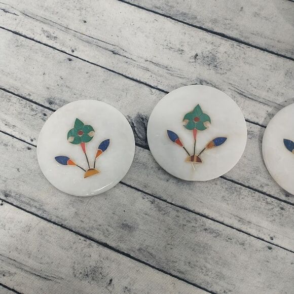 6PC Flower Mosaic Beautiful White Granite Coaster 3” Coaster Damaged As Shown. - Picture 2 of 10